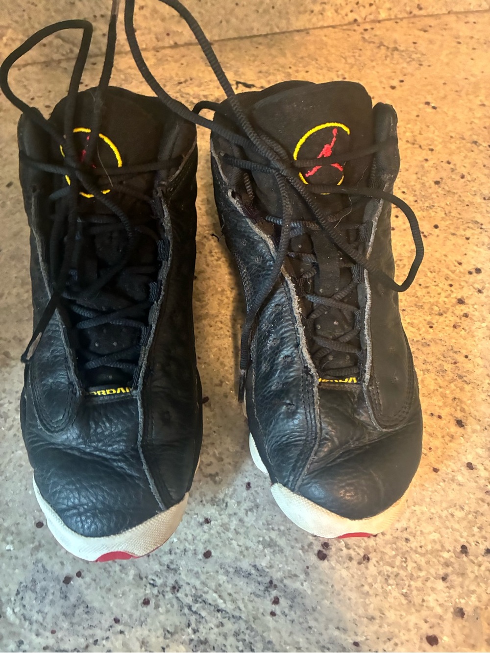 Jordan Men's Black and Red Basketball Sneakers with Yellow Trim